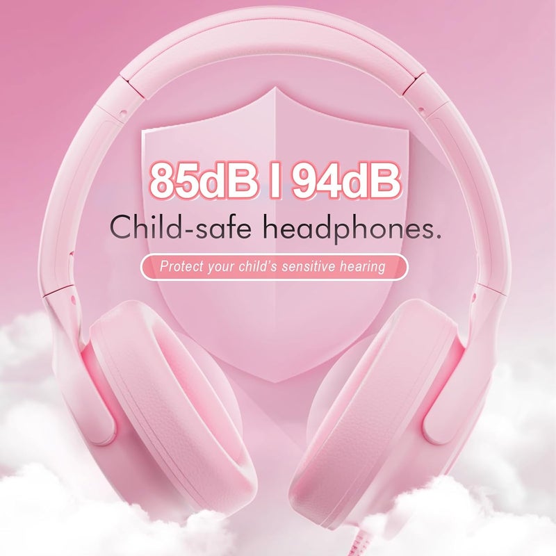 ADOOPE Kids Headphones with Cord-3.5mm Jack 85/94dB Safe Volume Control Built-in Microphone On-Ear Headphones for Kids/Teens/Girls/School/Travel/3.5mm Devices(Pink) - Image 2